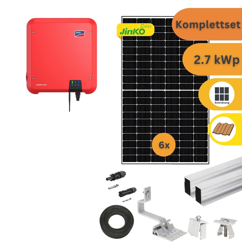 Komplettset einer Solaranlage. Auf dem Bild ist ein Wechselrichter, die Befestigungsmaterialien für die Montage auf einem Ziegeldach, und die Solarmodule zu sehen.